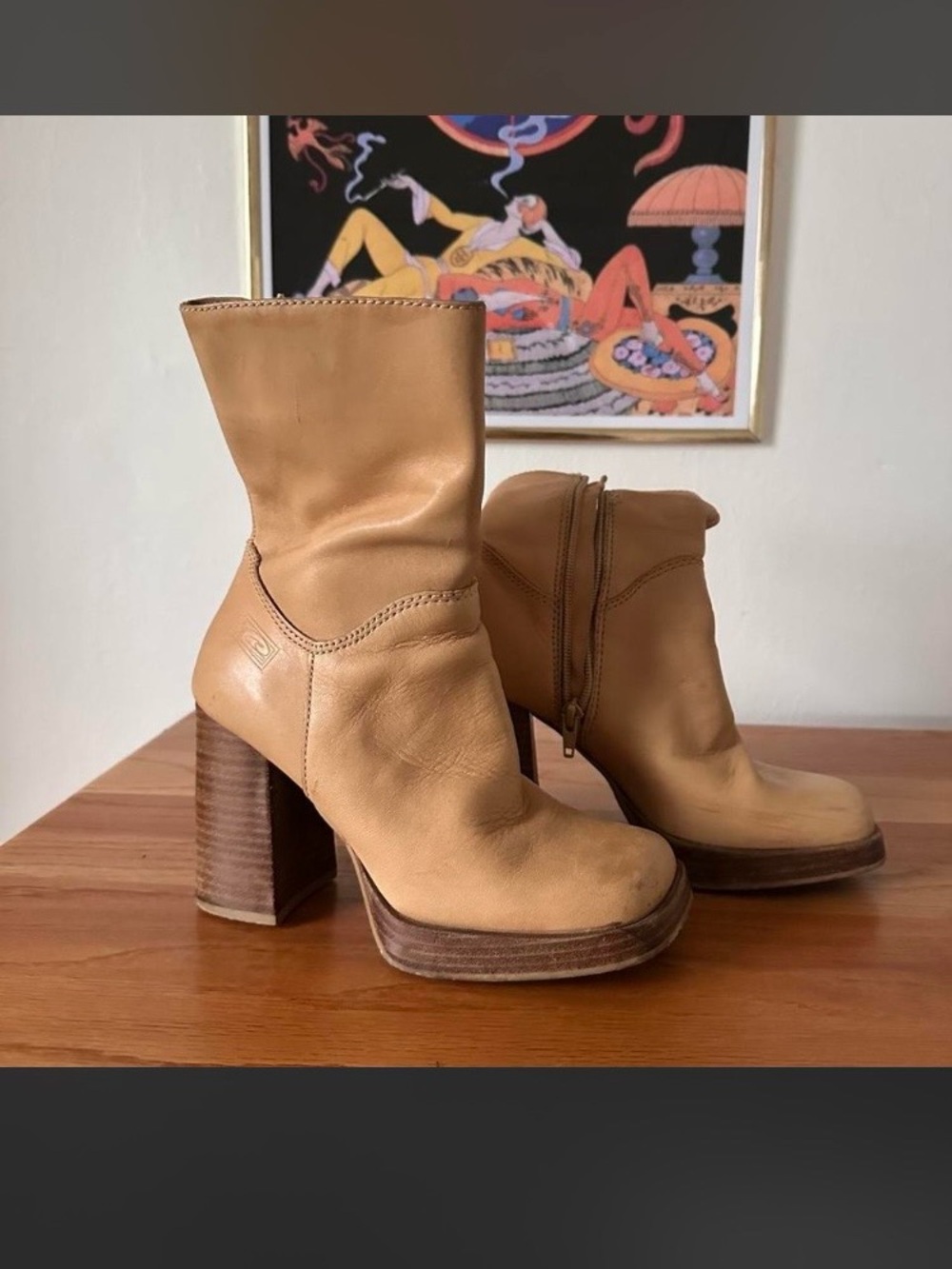 Leather Platform Ankle Boots - Tan